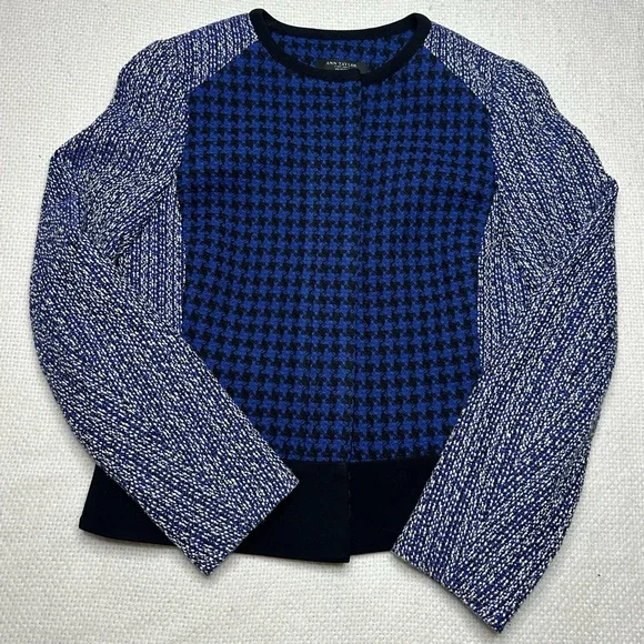 Ann Taylor Women's 2P Petite Blazer Blue Black Houndstooth Cotton Wool LS - Picture 2 of 13